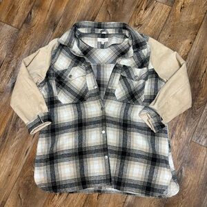 umgee + women's plaid corduroy fringe shacket lightweight jacket plus size 1XL